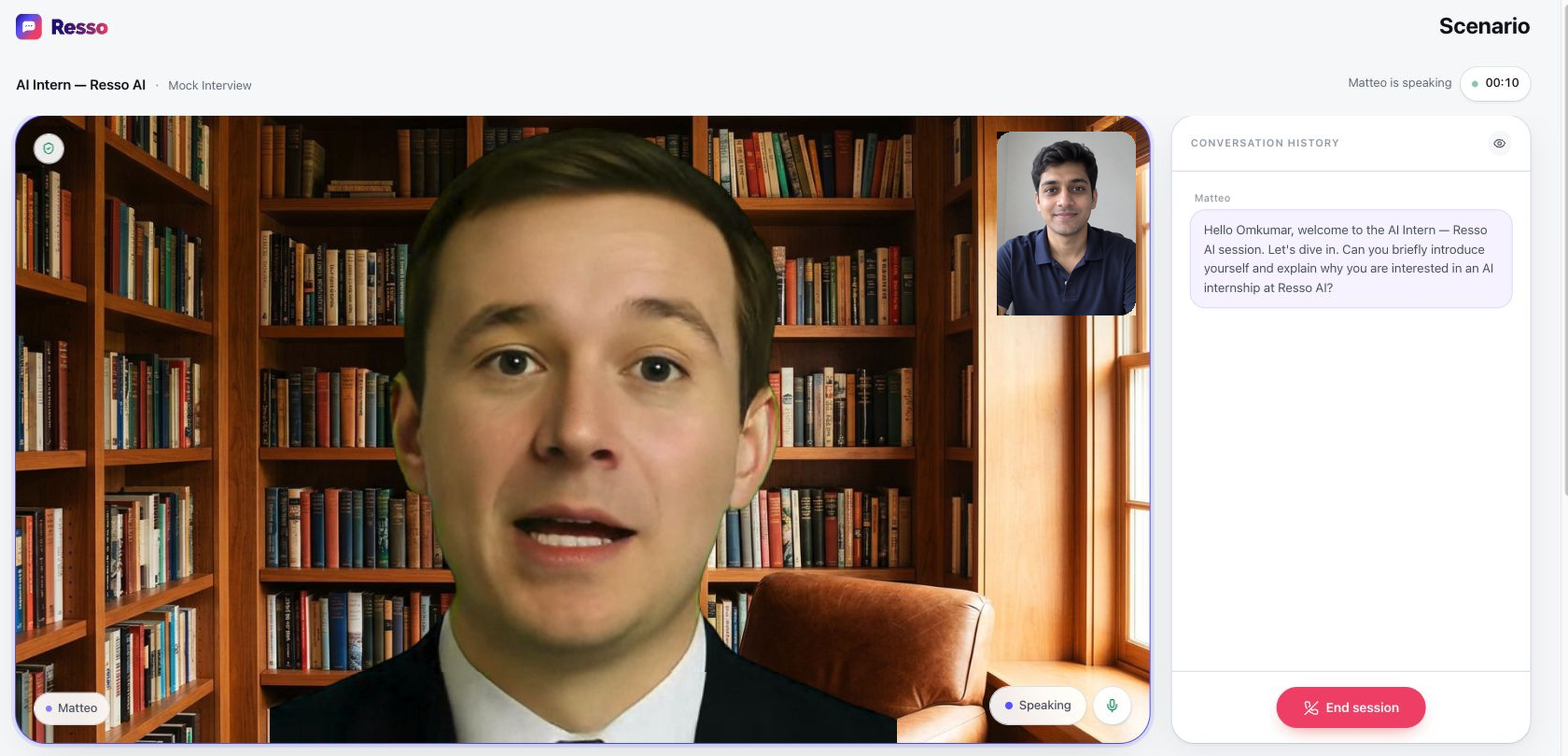 Resso mock interview screenshot with Matteo and a fictional demo participant