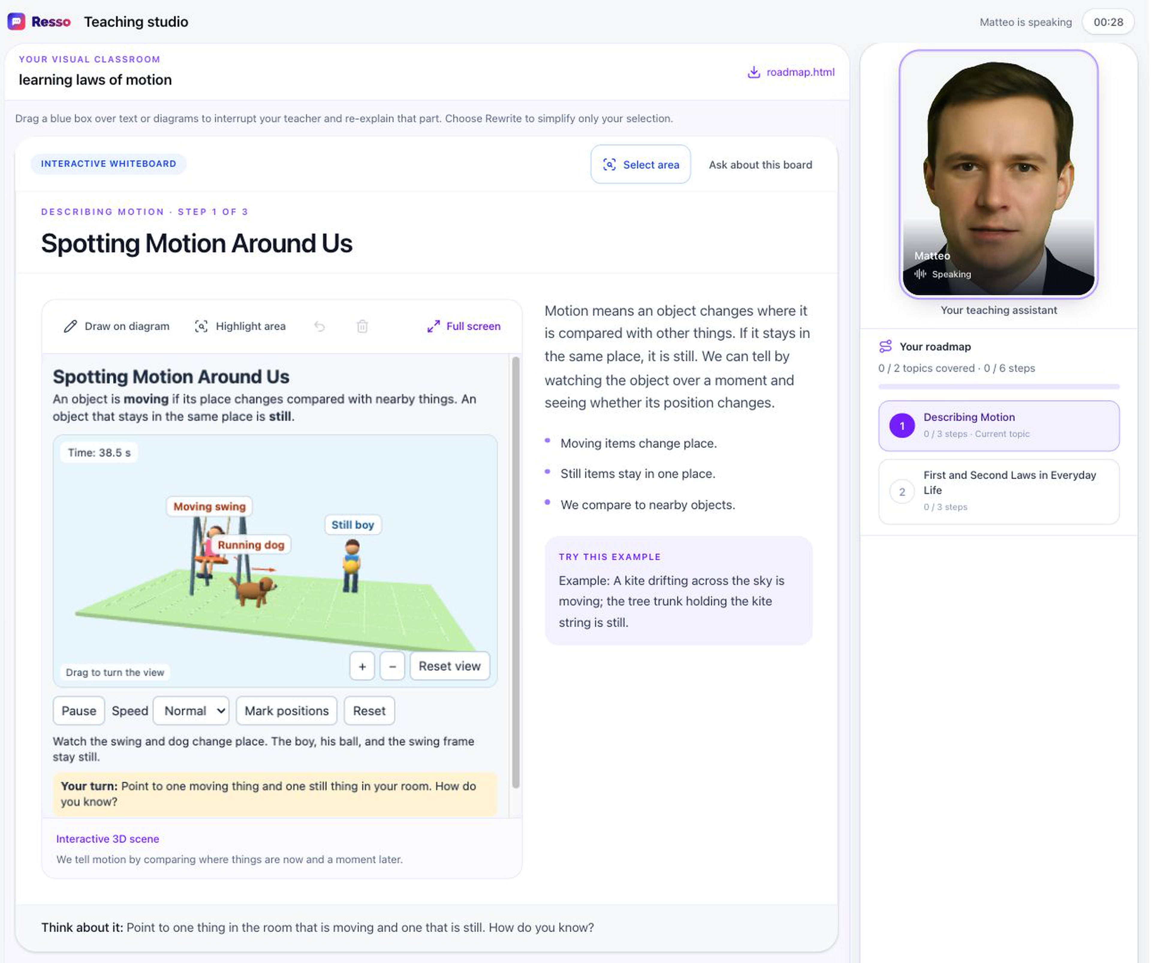 Real Resso teaching studio with Matteo and a moving dog and swing in a 3D park